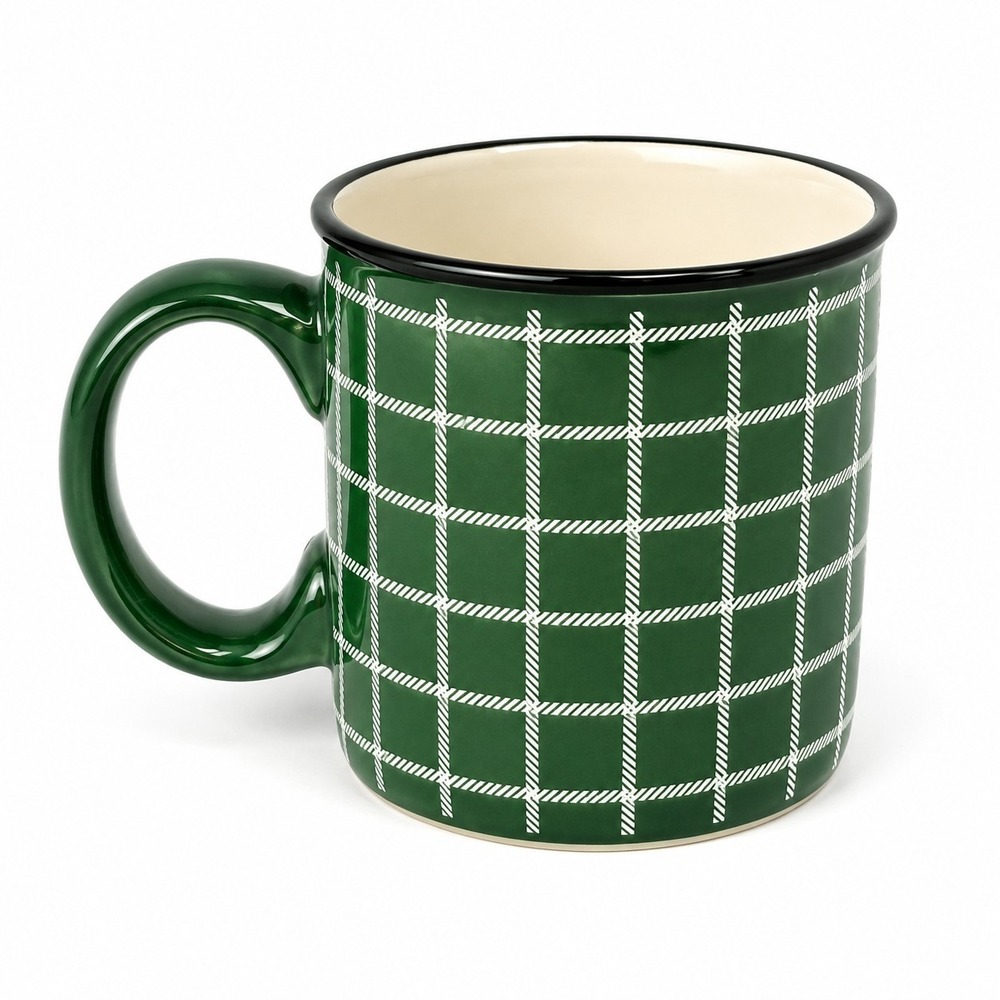 Hallmark‎ Green Plaid Windowpane Ceramic Coffee Mug Tea Cup Farmhouse 15 oz